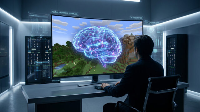 L'intelligence artificielle GPT-6 Astra dans Minecraft Un chercheur observe un cerveau numérique holographique superposé sur un paysage Minecraft dans un centre de données.