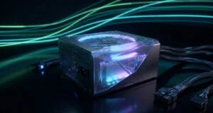 Bloc d'alimentation pour PC gaming haut de gamme avec éclairage LED RGB et design futuriste sur fond noir.
