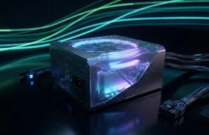 Bloc d'alimentation pour PC gaming haut de gamme avec éclairage LED RGB et design futuriste sur fond noir.