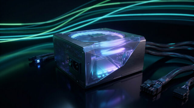 Bloc d'alimentation pour PC gaming haut de gamme avec éclairage LED RGB et design futuriste sur fond noir.