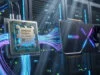 Processeur AMD Ryzen 7 9800X3D connecté par des flux de données lumineux à une carte graphique NVIDIA RTX 5080.