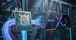 Processeur AMD Ryzen 7 9800X3D connecté par des flux de données lumineux à une carte graphique NVIDIA RTX 5080.
