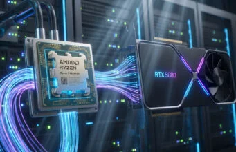 Processeur AMD Ryzen 7 9800X3D connecté par des flux de données lumineux à une carte graphique NVIDIA RTX 5080.
