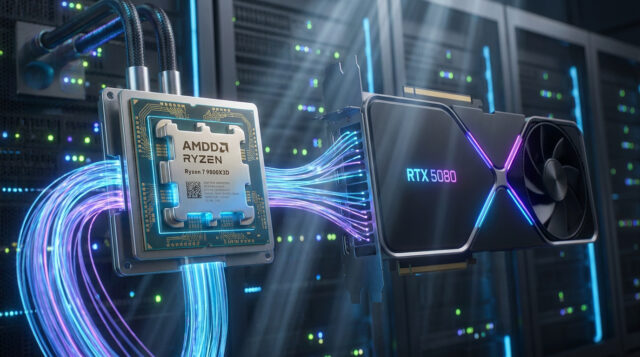 Processeur AMD Ryzen 7 9800X3D connecté par des flux de données lumineux à une carte graphique NVIDIA RTX 5080.