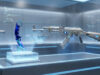 Skins CS2 : les modèles les plus chers à posséder en 2026 Un couteau karambit et un fusil AK-47 exposés dans une vitrine technologique futuriste.