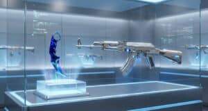 Un couteau karambit et un fusil AK-47 exposés dans une vitrine technologique futuriste.