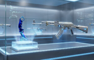 Skins CS2 : les modèles les plus chers à posséder en 2026 Un couteau karambit et un fusil AK-47 exposés dans une vitrine technologique futuriste.