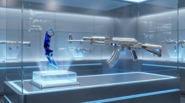 Les skins CS2 les plus chers en 2026 Un couteau karambit et un fusil AK-47 exposés dans une vitrine technologique futuriste.