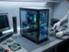 Fabriquer ton écran transparent PC pour moins de 20 euros Un technicien assemble un PC avec un panneau latéral transparent affichant des données système futuristes.