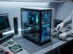 Fabriquer ton écran transparent PC pour moins de 20 euros Un technicien assemble un PC avec un panneau latéral transparent affichant des données système futuristes.