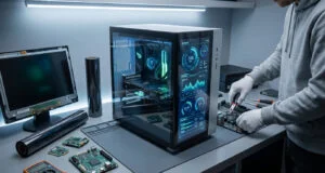 Un technicien assemble un PC avec un panneau latéral transparent affichant des données système futuristes.