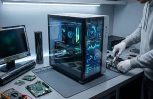 Fabriquer ton écran transparent PC pour moins de 20 euros Un technicien assemble un PC avec un panneau latéral transparent affichant des données système futuristes.