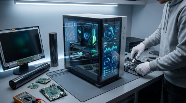 Fabriquer son écran PC transparent DIY Un technicien assemble un PC avec un panneau latéral transparent affichant des données système futuristes.