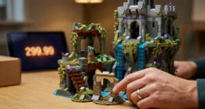 Mains assemblant un set LEGO Zelda détaillé représentant un arbre et un château avec un prix de 299,99 affiché derrière.