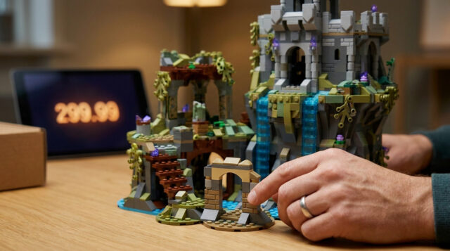 LEGO Zelda : Quel budget pour le set Great Deku Tree ? Mains assemblant un set LEGO Zelda détaillé représentant un arbre et un château avec un prix de 299,99 affiché derrière.