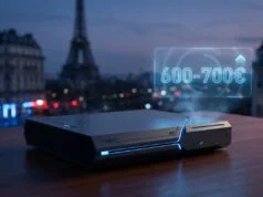 Prix de la PS6 : Sony prépare-t-il une hausse record en France ? Console de jeu futuriste projetant un hologramme avec le prix 600-700€ devant la Tour Eiffel de nuit.