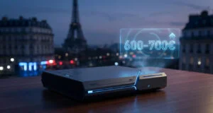 Console de jeu futuriste projetant un hologramme avec le prix 600-700€ devant la Tour Eiffel de nuit.