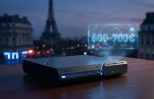 Prix de la PS6 : Sony prépare-t-il une hausse record en France ? Console de jeu futuriste projetant un hologramme avec le prix 600-700€ devant la Tour Eiffel de nuit.