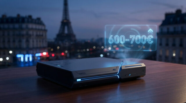 Quel prix pour la future PlayStation 6 ? Console de jeu futuriste projetant un hologramme avec le prix 600-700€ devant la Tour Eiffel de nuit.