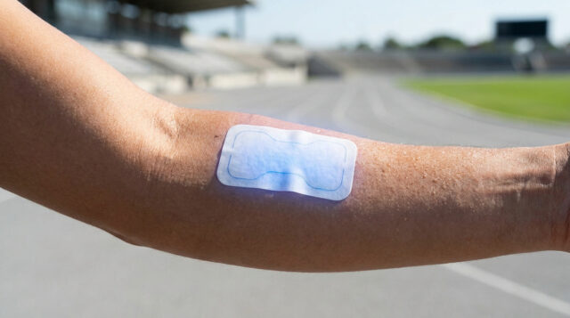 Capteur en papier pour analyser la sueur Bras d'un athlète portant un patch en papier bleu sur la peau, sur une piste d'athlétisme en arrière-plan.