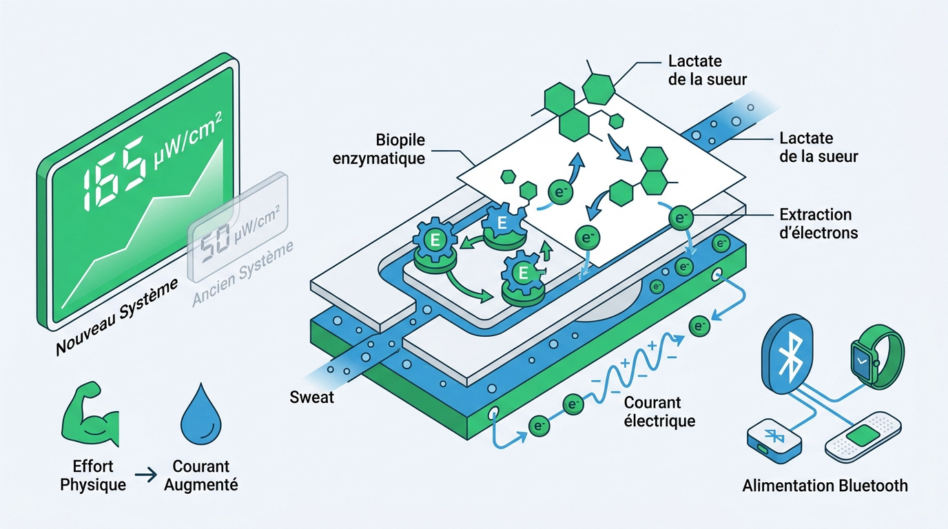 Capteur sur papier à biopile enzymatique utilisant la transpiration pour générer de l'énergie