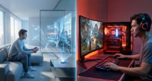 Comparaison entre un joueur sur cloud gaming dans un salon et un joueur sur PC gamer avec setup complet.