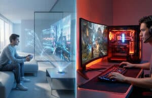 Cloud gaming ou PC gamer : quelle solution choisir en 2026 ? Comparaison entre un joueur sur cloud gaming dans un salon et un joueur sur PC gamer avec setup complet.