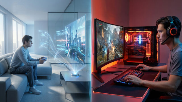 Comparaison entre un joueur sur cloud gaming dans un salon et un joueur sur PC gamer avec setup complet.