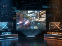 Comparaison visuelle entre les cartes graphiques NVIDIA RTX 5070 et RTX 4070 Ti Super affichant des performances en 1440p.