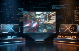 RTX 5070 vs 4070 Ti Super : laquelle choisir pour le 1440p ? Comparaison visuelle entre les cartes graphiques NVIDIA RTX 5070 et RTX 4070 Ti Super affichant des performances en 1440p.