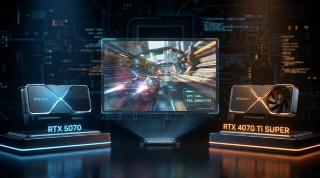 RTX 5070 vs 4070 Ti Super : Le duel 1440p Comparaison visuelle entre les cartes graphiques NVIDIA RTX 5070 et RTX 4070 Ti Super affichant des performances en 1440p.