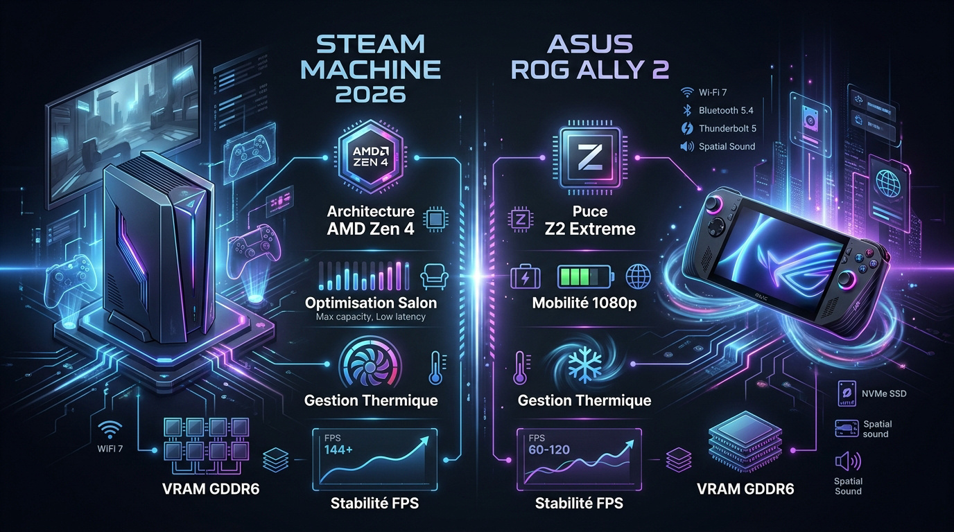 Comparaison visuelle Steam Machine 2026 et ASUS ROG Ally 2