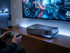 Playstation 6 lite : la console abordable de Sony pour 2027 Un joueur utilise une manette devant une console PlayStation futuriste posée sur un meuble TV sous un écran 4K.