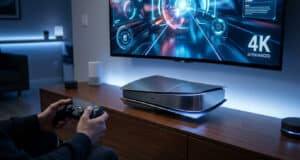 Un joueur utilise une manette devant une console PlayStation futuriste posée sur un meuble TV sous un écran 4K.
