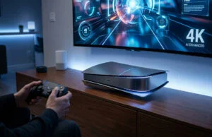 Playstation 6 lite : la console abordable de Sony pour 2027 Un joueur utilise une manette devant une console PlayStation futuriste posée sur un meuble TV sous un écran 4K.