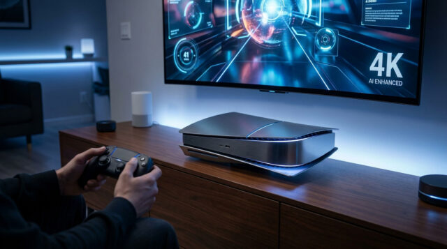 Concept de la PlayStation 6 Lite pour 2027 Un joueur utilise une manette devant une console PlayStation futuriste posée sur un meuble TV sous un écran 4K.