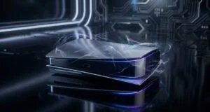 Une console de jeu au design futuriste entourée de flux d'énergie lumineuse dans un environnement technologique sombre.