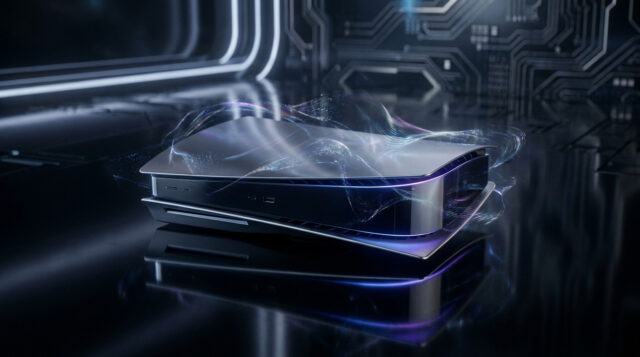 Concept futuriste de la PlayStation 6 Une console de jeu au design futuriste entourée de flux d'énergie lumineuse dans un environnement technologique sombre.