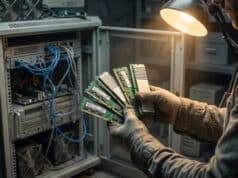 Valeur ram serveur ancien : ton vieux matériel vaut de l’or Un technicien portant des gants inspecte plusieurs barrettes de mémoire RAM devant une armoire serveur.