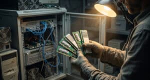 Un technicien portant des gants inspecte plusieurs barrettes de mémoire RAM devant une armoire serveur.
