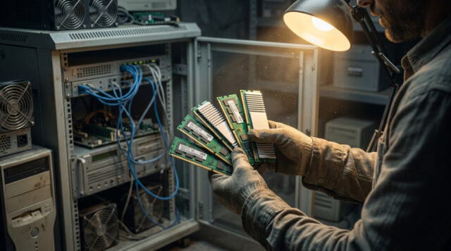 La valeur cachée de votre ancienne mémoire RAM Un technicien portant des gants inspecte plusieurs barrettes de mémoire RAM devant une armoire serveur.