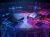 PlayStation 6 vs PS5 Pro : le choc des générations Concept artistique de deux consoles futuristes sur un support électronique avec des lumières bleues et rouges.