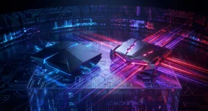 Concept artistique de deux consoles futuristes sur un support électronique avec des lumières bleues et rouges.