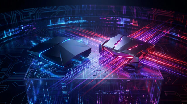 PlayStation 6 vs PS5 Pro : le choc des générations Concept artistique de deux consoles futuristes sur un support électronique avec des lumières bleues et rouges.