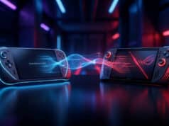 Steam Machine 2026 vs ROG Ally 2 : le duel des consoles Valve Deux consoles de jeu portables face à face avec des effets de lumière bleus et rouges sur un fond technologique sombre.