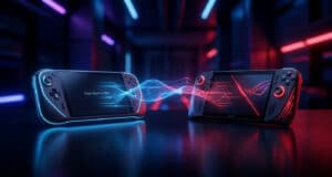 Deux consoles de jeu portables face à face avec des effets de lumière bleus et rouges sur un fond technologique sombre.