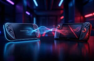 Steam Machine 2026 vs ROG Ally 2 : le duel des consoles Valve Deux consoles de jeu portables face à face avec des effets de lumière bleus et rouges sur un fond technologique sombre.