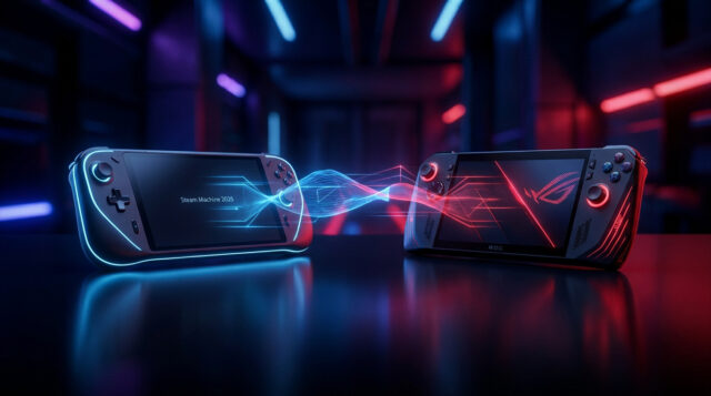 Steam Machine 2026 vs ROG Ally 2 : le duel des consoles Deux consoles de jeu portables face à face avec des effets de lumière bleus et rouges sur un fond technologique sombre.