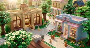 Une scène LEGO détaillée représentant un musée et une boutique de vêtements dans un village Animal Crossing.