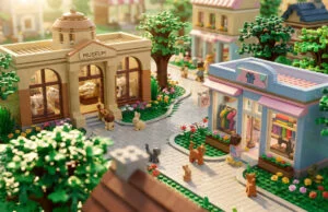 LEGO Animal Crossing : les nouveaux sets prévus pour 2026 Une scène LEGO détaillée représentant un musée et une boutique de vêtements dans un village Animal Crossing.